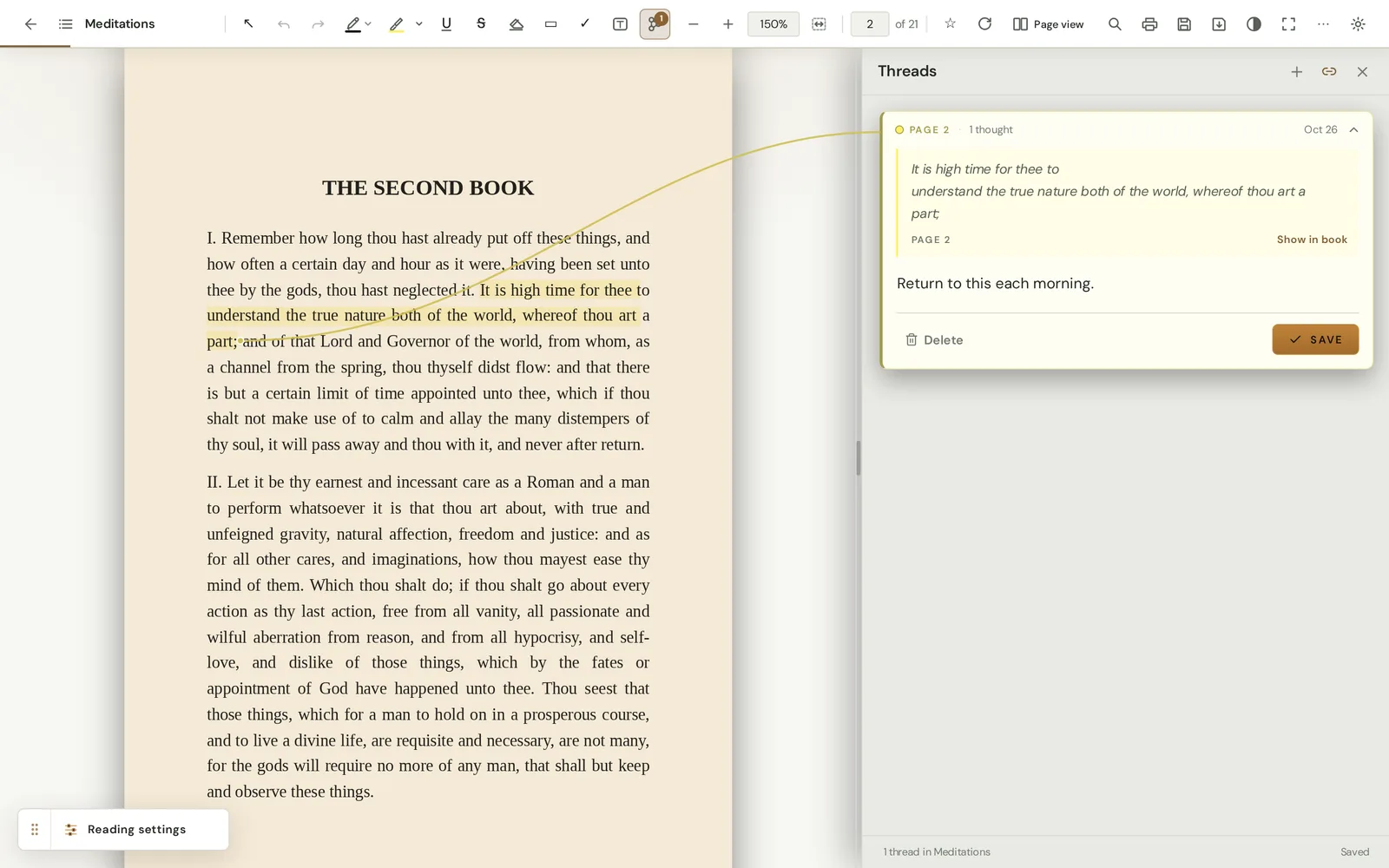 Bibrium Threads alongside a book, with personal thoughts connected to reading.